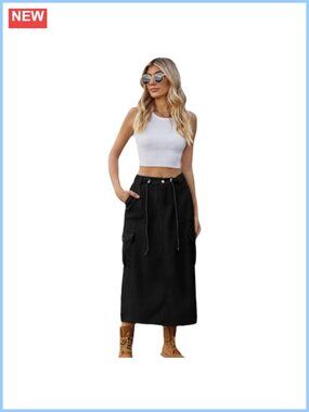 Long Denim Cargo Skirt High Waist Back Split A-line Multipocket Jean Skirt